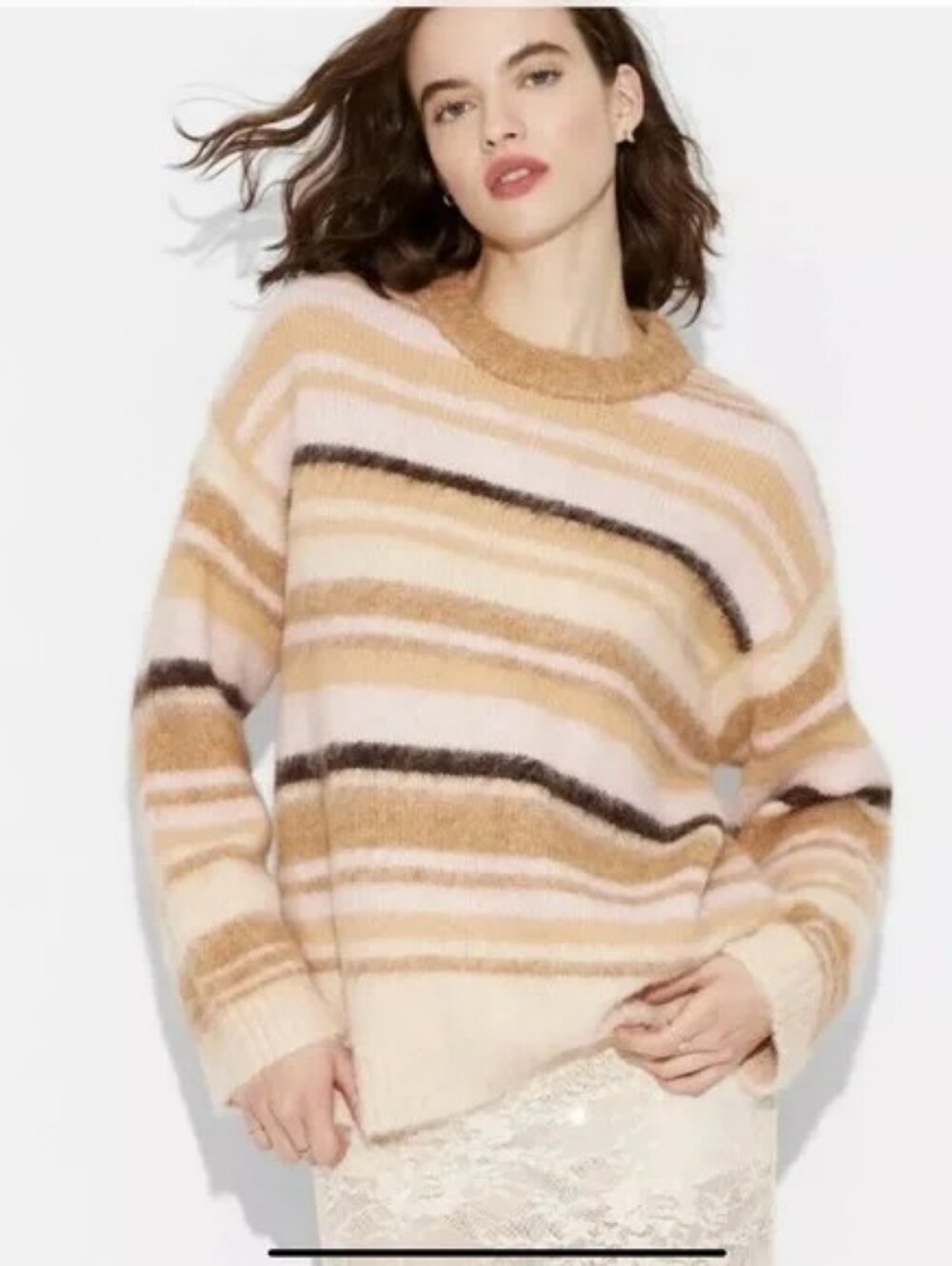 wild fable Striped Crewneck Sweater in Pink, Cream & Tan